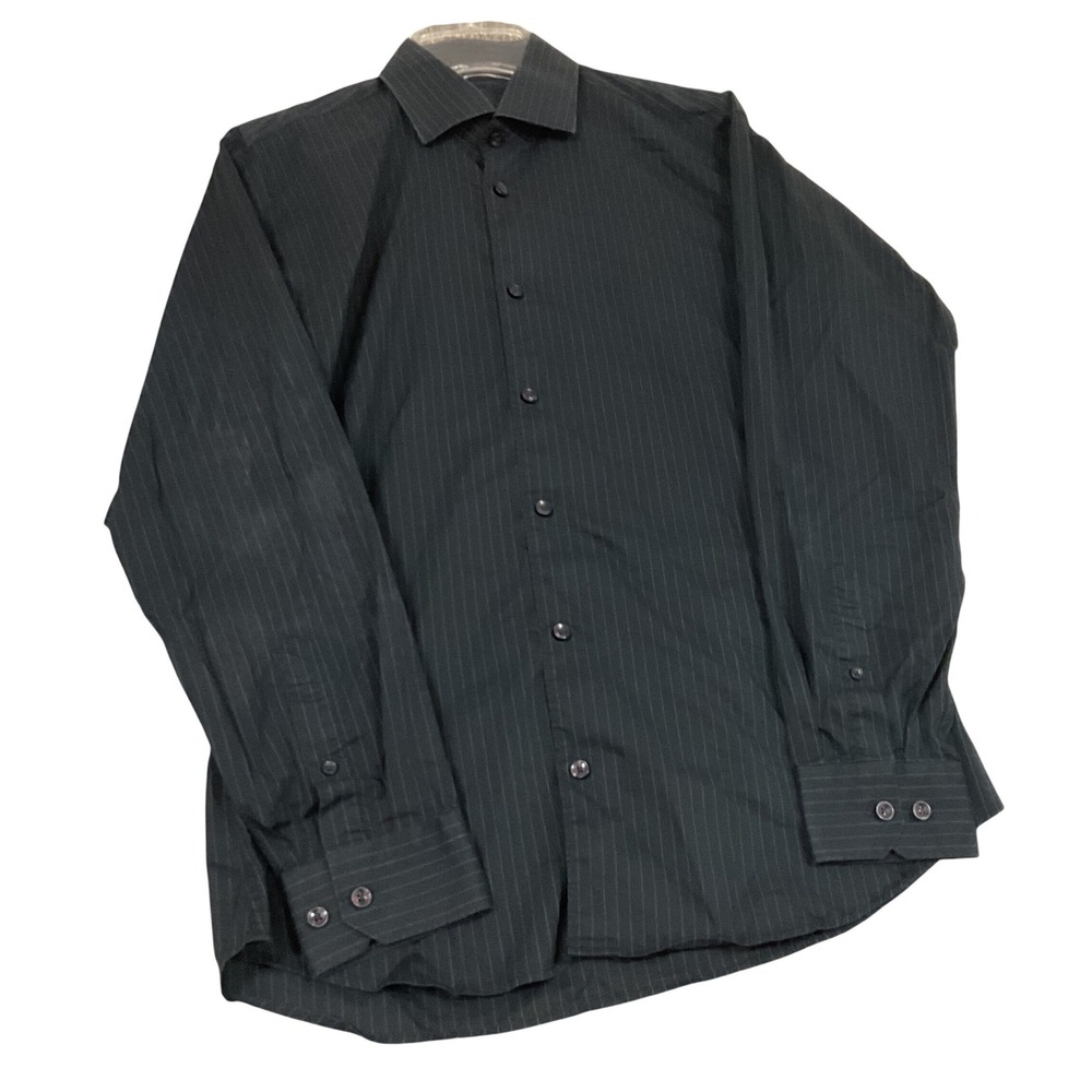 Jared Lang Button Down SZ M Black Green Pinstripe Cotton